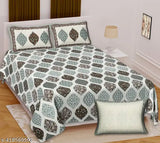 100% Cotton Jaipuri Printed Bed Sheet Set - Double King Size, Grey & White, 2 Pillowcases