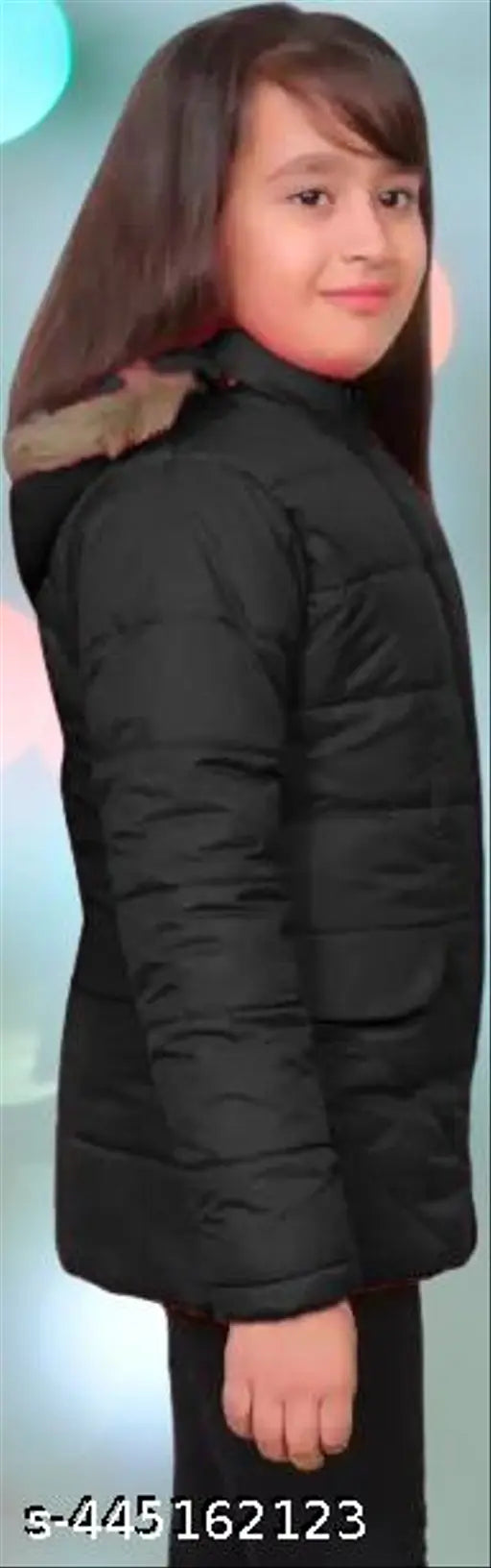 Girls winter coat, black with hood, zip closure