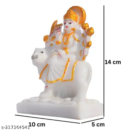 White marble Durga Maa idol for home, temple, or office decor. Hand-painted, 10cm L x 14cm H x 5cm B, perfect for Diwali gifts or special occasions