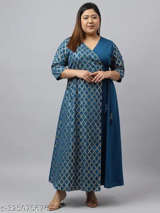 Teal poly crepe printed Angrakha kurta, XL LOVE by Janasya, three-quarter sleeves, gold leaf print on natural backdrop
