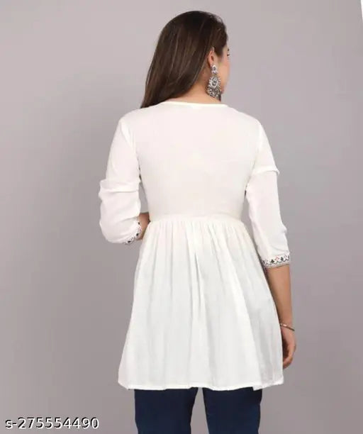 White rayon pleated kurti with ethnic embroidery, three-quarter sleeves, India origin