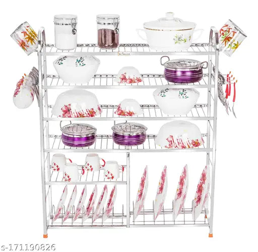 Stainless steel 6-shelf wall mount kitchen storage rack with plate and cutlery stand, ideal for organizing dishes, utensils, and cookware