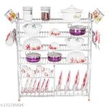 Stainless steel 6-shelf wall mount kitchen storage rack with plate and cutlery stand, ideal for organizing dishes, utensils, and cookware