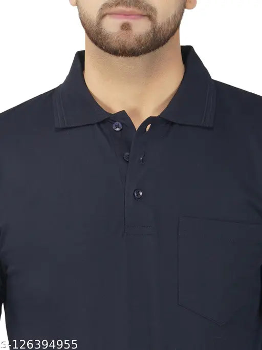 Navy Blue Full Sleeve Polo T-Shirt, 100% Super Combed Cotton, Made in India
