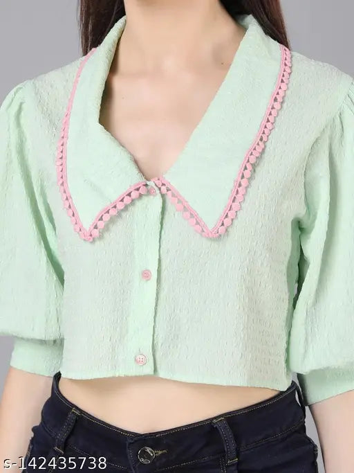 Mint green stretchable Georgette long-sleeve crop shirt top by Jakanary, solid pattern with contrast lace collar