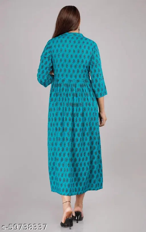 Rayon printed Anarkali Kurta for women - Indian festive gown with three-quarter sleeves, rayon fabric, and colorful print