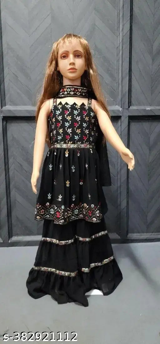 Black Georgette sharara set with embellished dupatta, flared silhouette, above knee length, suitable for special occasions. (For children aged 3-4 years with a top length size of 22 inches)
