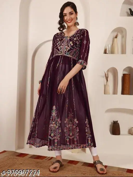 Georgette, chikankari embroidered, three-quarter sleeve Adrika Graceful Kurtis for traditional events, India