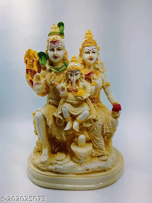 Gold plated Shiv Parivar idol showpiece, 10.5cm(L) x 21.5cm(H) x 14.5cm(B), resin, Indian spiritual decor for home living room, gifts for family & friends, corporate employees