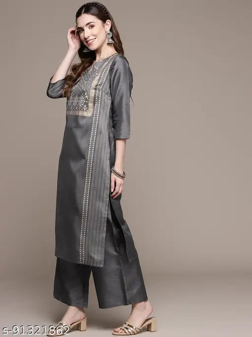 Dark Grey Poly Silk Kurta & Palazzo Set: Printed net, three-quarter sleeves, side slit – Women's Indian fashion