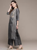 Dark Grey Poly Silk Kurta & Palazzo Set: Printed net, three-quarter sleeves, side slit – Women's Indian fashion