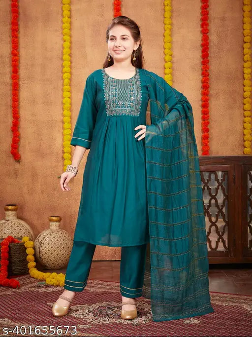 Dark green embroidered salwar suit set for girls, silk fabric with sequin thread embellishments, AARIKA contemporary brand, size options available