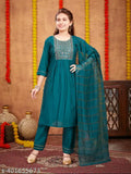 Dark green embroidered salwar suit set for girls, silk fabric with sequin thread embellishments, AARIKA contemporary brand, size options available