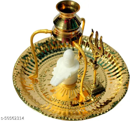 Marble Shivling Shiva Ling with brass plate, gold - Brass God idol for daily puja and home blessings (10cm x 10cm x 10cm)