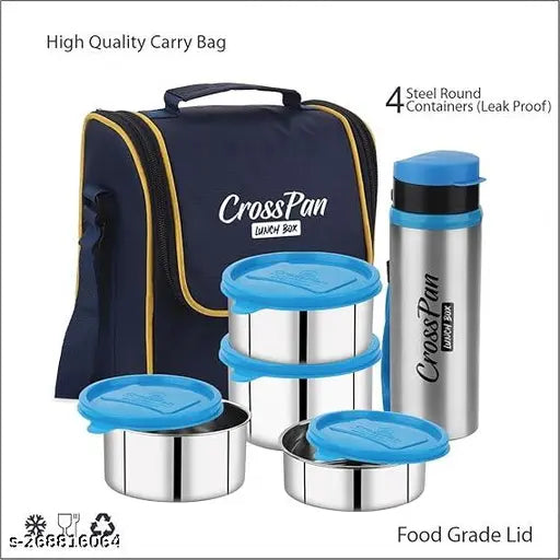 CrossPan Signature Compact Leakproof Stainless Steel Lunch Box / Tiffin Box with 4 Containers and Sleek Water Bottle