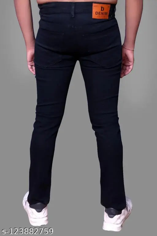 Denim distressed knee-cut black pants, Rabezo Men's slim fit with button and zip closure. Adult size 28, 30, or 32, machine washable