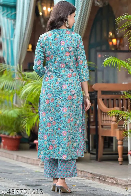 Women's Rayon Printed Kurta Bottom Set, three-quarter sleeves, traditional Indian design on palazzos, S-XXXL sizes available
