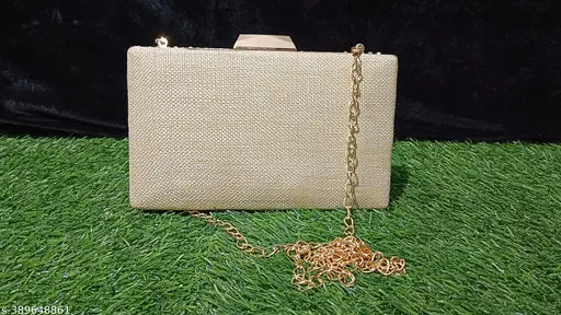 Peach fabric clutch, gold chain purse accessory