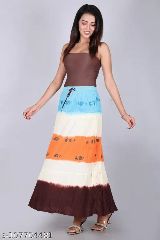 Orange cotton maxi flared tie-dye skirt for women, multicolor print on daily use long skirt