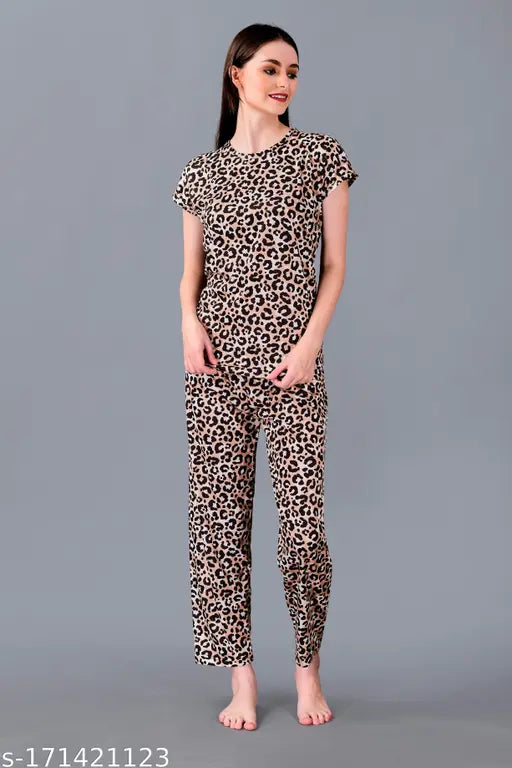 Multicolor printed cotton blend night dress for women, short-sleeved pyjama set with vibrant print, India origin