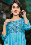 Sky blue rayon hand block print anarkali kurti