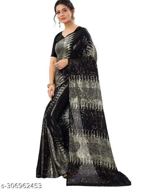 Georgette sari with full sequence pallu, plain satin blouse