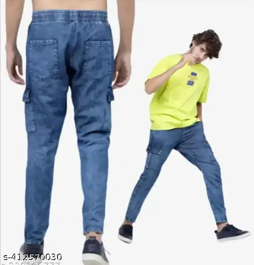 Stylish men's denim cargo joggers with pockets, casual wear for summer