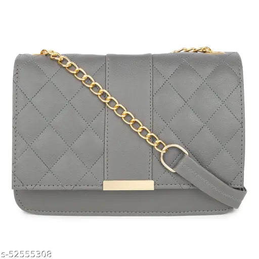 Grey quilted fabric slingbag with gold chain link, multiple card slots