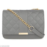Grey quilted fabric slingbag with gold chain link, multiple card slots