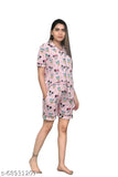 Women's digital printed night suit set: polycotton relaxation wear with lapel collar, short sleeves, and pocketed shorts