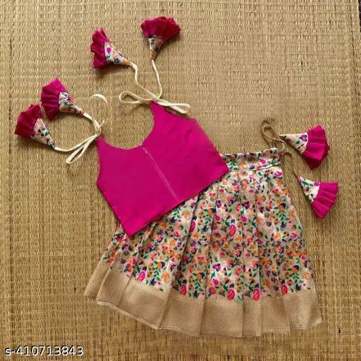 Kids Girls Rani lehenga choli, art silk sleeveless top with floral stitch net, Indian readymade traditional wear for 2-6 year olds