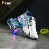 Blue and green kids' athletic shoes with LED lights