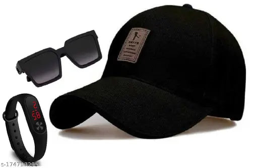Stylish black cotton cap with adjustable fit, featuring printed net design, LED band watch, and Badshah trend sunglasses - Ediko brand for men and boys