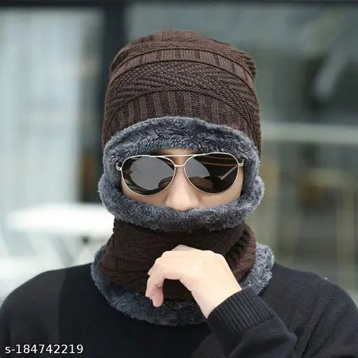 Brown wool scarf set with cap and muffler