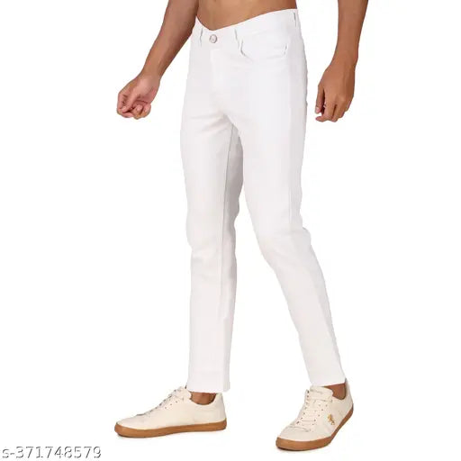 Men's slim mid-rise white polycotton jeans, comfortable and stretchable. Quality denim with double-stitching, size 28 (waist 28in, length 39in, hip 30in). Made in India