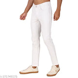 Men's slim mid-rise white polycotton jeans, solid pattern, double-stitched for durability and comfort