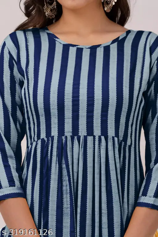 A striped, knee-length kurta with a round neckline, featuring rayon fabric and a straight cut