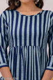 A striped, knee-length kurta with a round neckline, featuring rayon fabric and a straight cut