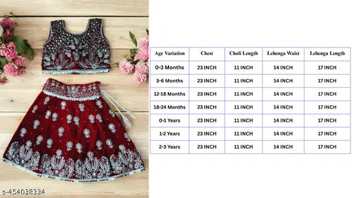 Kids velvet lehenga choli set, embellished without dupatta for party wear, ethnic wear for girls aged 0-3 years