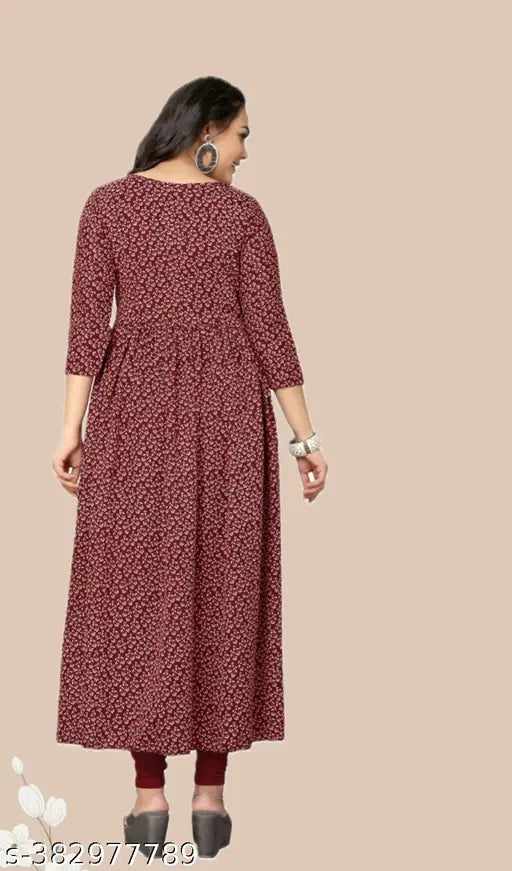 Trendy, floral printed crepe Anarkali kurti for women. Breathable fabric, three-quarter sleeves. Made in India
