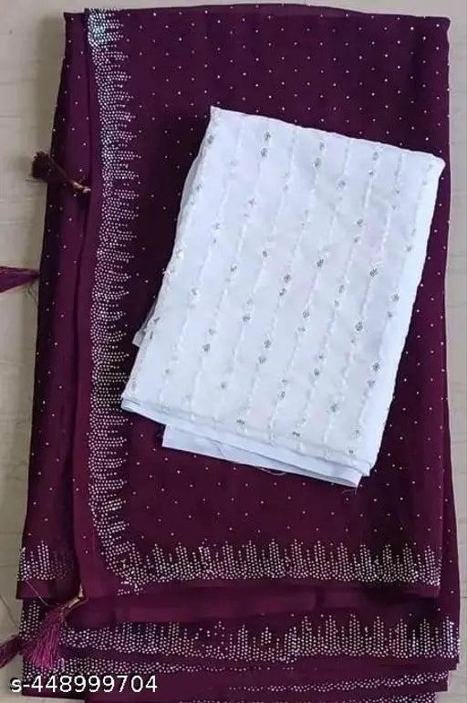 Georgette saree with intricate beadwork, heavy all over decoration, suitable for parties and events, paired with a white blouse
