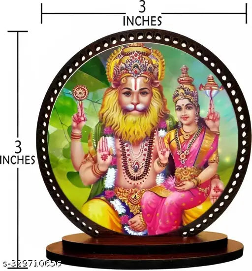 Multicolor Wooden Narasimha dashboard idol for car and home decorative showpiece, ideal for gifting with pre-installed double-sided tape. Handcrafted in India, 3cm x 3.2cm