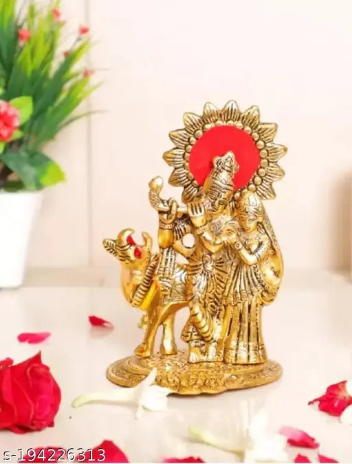 Brass handcrafted Metal Radha Krishna statue with cow, decorative showpiece for home office or gift