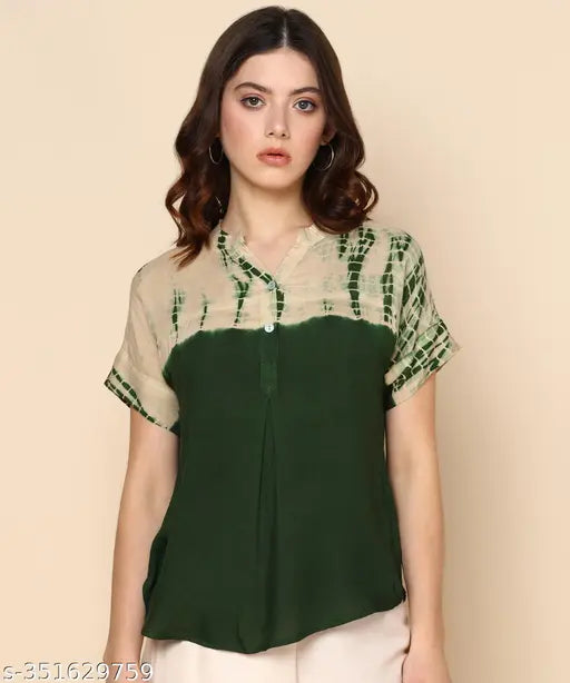 Ombre Dyed Olive Green Rayon Top, short sleeves, Chinese neck collar, printed pattern on display, Indian-made