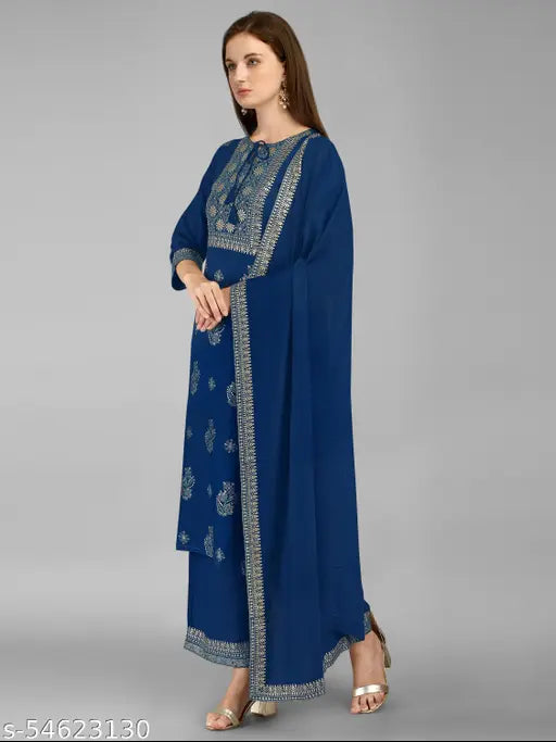 Rayon Aagam Superior Women's Kurta Set with printed net dupatta and palazzo bottoms, single size available, Indian origin