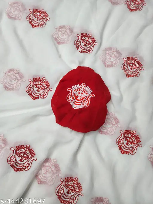 Red silk Sari with embroidery, perfect for Durga Puja festive celebrations