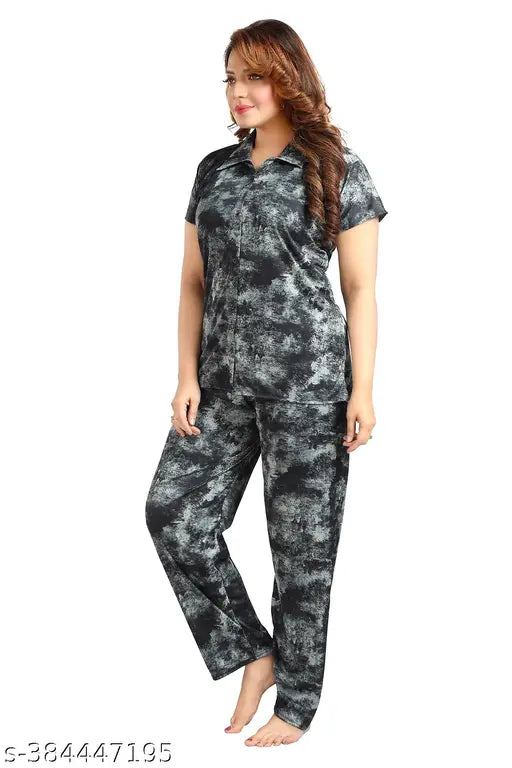 Trending printed satin nightsuit/dressshirt and pyjama set for women & girls (M-XXXL), vibrant pattern on display