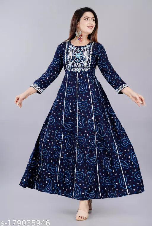 Rayon Anarkali frock suit, three-quarter sleeve printed combo, Indian fashion, M-XXXL sizes