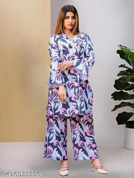 Beautiful printed polycotton cord set (top & bottom) for women and girls - vibrant Indian-inspired palazzo style, long sleeve, perfect for party wear, picnic wear, or vacation