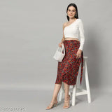 Maroon crepe midi Jaipuri print wrap maxi skirt for women, vibrant and versatile Indian ethnic wear